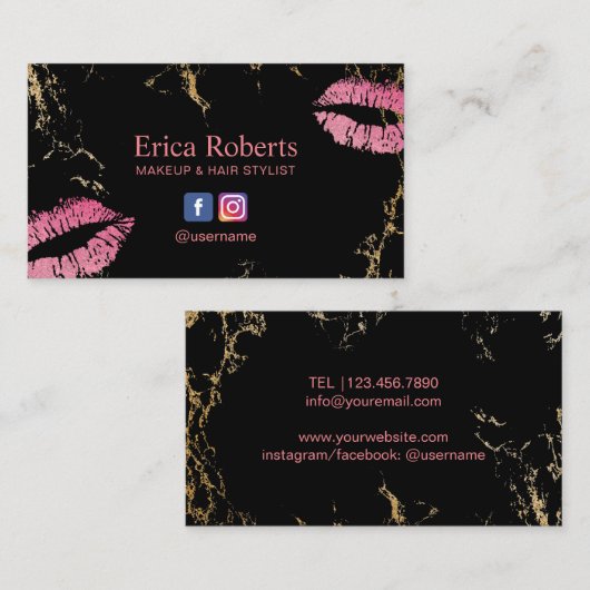 Makeup Artist Hot Pink Lips Trendy Black & Gold Visitekaartje (Voorkant / Achterkant)