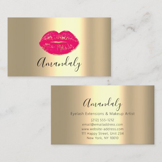 Makeup Artist Kiss Lips Golden Unique Roze Girly Visitekaartje (Voorkant / Achterkant)