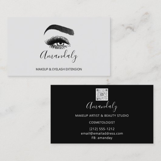 Makeup Artist Lash Friseur Logo QR CODE Grey Black Visitekaartje (Voorkant / Achterkant)