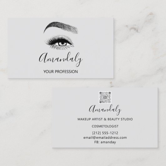 Makeup Artist Lash Friseur Logo QR CODE Grey Visitekaartje (Voorkant / Achterkant)