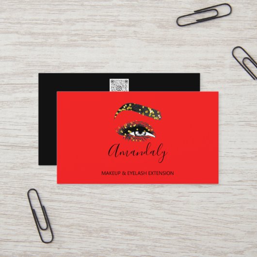 Makeup Artist Lash Friseur Logo QR CODE Red Black Visitekaartje (Voorkant / Achterkant in situ)