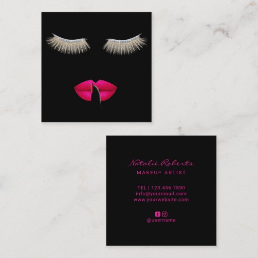 Makeup Artist Lashes & Hot Pink Lips Beauty Salon Vierkante Visitekaartje (Voorkant / Achterkant)