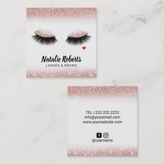 Makeup Artist Lashes Roos Gold Glitter Salon Vierkante Visitekaartje (Voorkant / Achterkant)