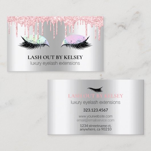 Makeup Artist Lashes Silver Opal Pink Glitter Drip Visitekaartje (Voorkant / Achterkant)