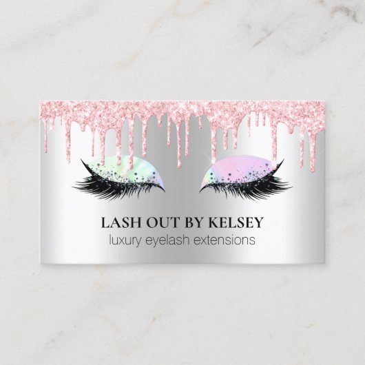 Makeup Artist Lashes Silver Opal Pink Glitter Drip Visitekaartje (Voorkant)