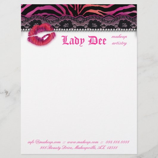 Makeup Artist Letterhead Zebra Lips Lace Pink Red Gepersonaliseerd Briefhoofd (Voorkant)
