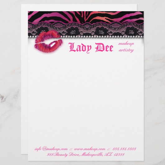 Makeup Artist Letterhead Zebra Lips Lace Pink Red Gepersonaliseerd Briefhoofd (Voorkant / Achterkant)