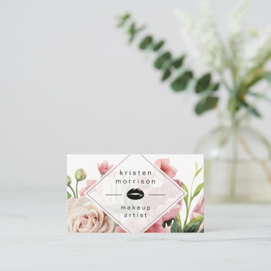 Makeup Artist Lips Modern Minimum Elegant Floral Visitekaartje (Staand voorkant)