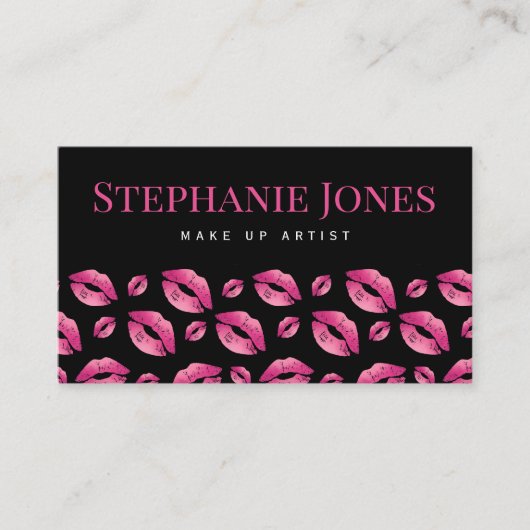 Makeup Artist Lips Pattern Cute Pink & Black Visitekaartje (Voorkant)