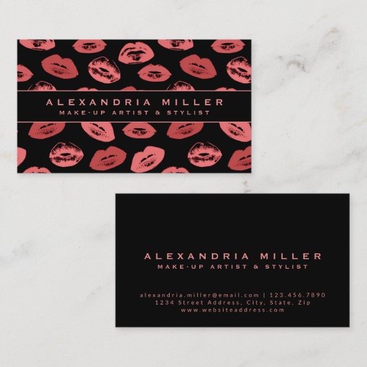 Makeup Artist | Lipstick Kisses Pattern | Zwart Visitekaartje (Voorkant / Achterkant)