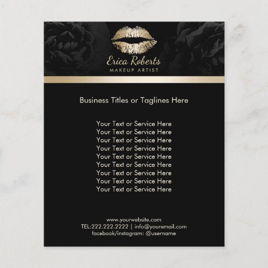 Makeup Artist Luxury Gold Lips Classy Black Floral Flyer (Voorkant)