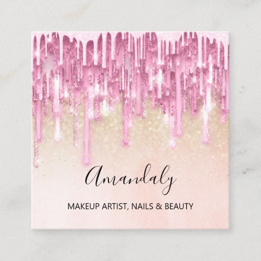 Makeup Artist Nail Logo Roos Glitter Confetti Roze Vierkante Visitekaartje (Voorkant)