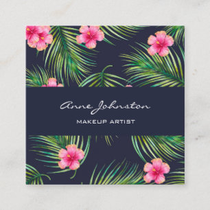 Makeup Artist Navy Green Fern Tropical Pink Flower Vierkante Visitekaartje