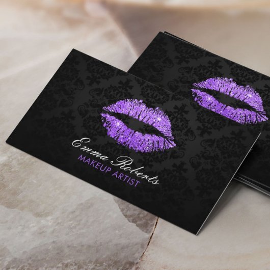 Makeup Artist Paars Glitter Lips Elegant Damask Visitekaartje