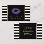 Makeup Artist Paars Lips Modern Black Stripes Visitekaartje (Voorkant / Achterkant)