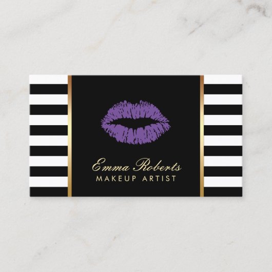 Makeup Artist Paars Lips Modern Black Stripes Visitekaartje (Voorkant)