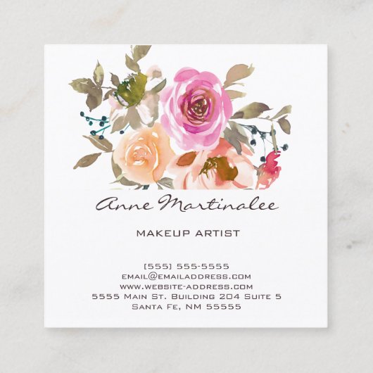 Makeup Artist Pink en Peach Floral Waterverf Vierkante Visitekaartje (Achterkant)