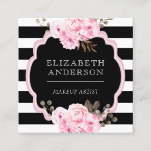 Makeup Artist Pink Floral Black Stripe Vierkante Visitekaartje