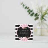 Makeup Artist Pink Floral Black Stripe Vierkante Visitekaartje (Staand voorkant)