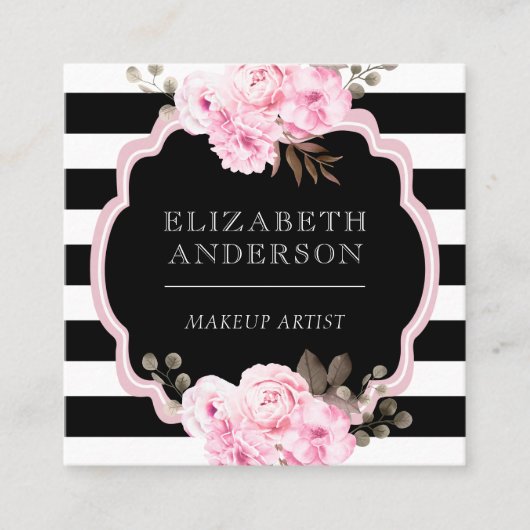 Makeup Artist Pink Floral Black Stripe Vierkante Visitekaartje (Voorkant)