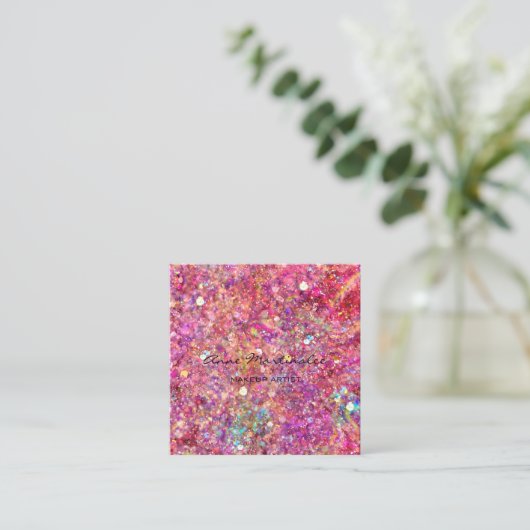Makeup Artist Pink Glitter Square Visitekaartje (Staand voorkant)
