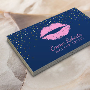 Makeup Artist Pink Lips Gold Confetti Navy Blue Visitekaartje