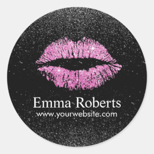 Makeup Artist Pink Lips Modern Black Glitter Salon Ronde Sticker