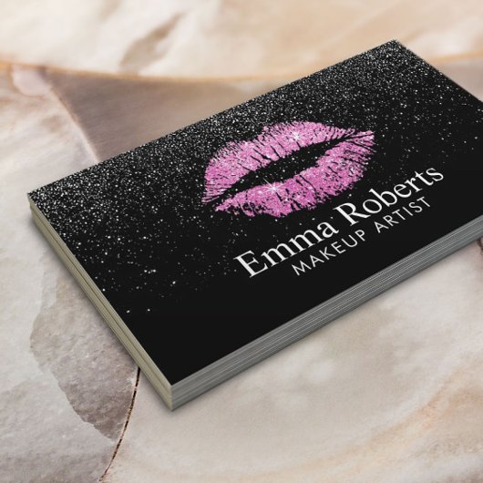 Makeup Artist Pink Lips Modern Black Glitter Salon Visitekaartje