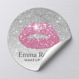 Makeup Artist Pink Lips Modern Silver Glitter Ronde Sticker