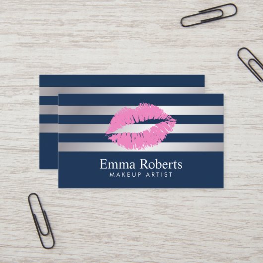 Makeup Artist Pink Lips Navy Blue Modern Stripes Visitekaartje (Voorkant / Achterkant in situ)