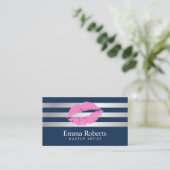 Makeup Artist Pink Lips Navy Blue Modern Stripes Visitekaartje (Staand voorkant)