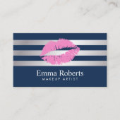 Makeup Artist Pink Lips Navy Blue Modern Stripes Visitekaartje (Voorkant)