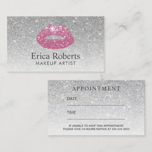 Makeup Artist Pink Lips Silver Glitter Appointment Afsprakenkaartje (Voorkant / Achterkant)