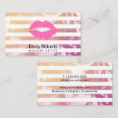 Makeup Artist Pink Lips Trendy Stripes Tropisch Visitekaartje (Voorkant / Achterkant)