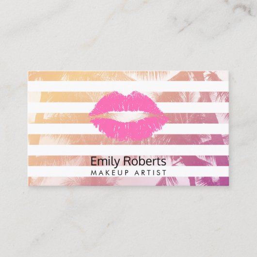 Makeup Artist Pink Lips Trendy Stripes Tropisch Visitekaartje (Voorkant)