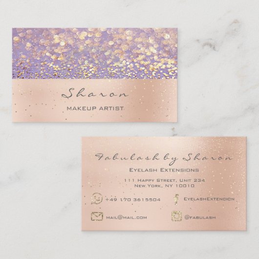 Makeup Artist Pink Rose Gold Glitter Paars Sparkl Visitekaartje (Voorkant / Achterkant)