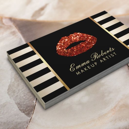 Makeup Artist Red Glitter Lips Gold Stripes Visitekaartje