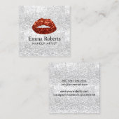 Makeup Artist Red Glitter Lips Modern Silver Salon Vierkante Visitekaartje (Voorkant / Achterkant)