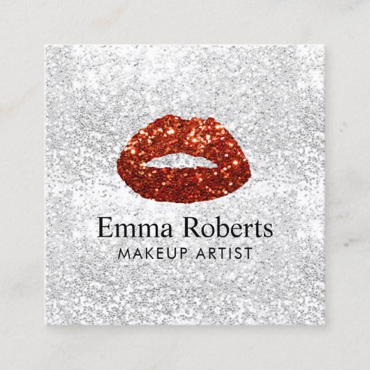 Makeup Artist Red Glitter Lips Modern Silver Salon Vierkante Visitekaartje (Voorkant)