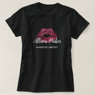 MAKEUP ARTIST Red Glitter Logo Kiss Naam T-shirt