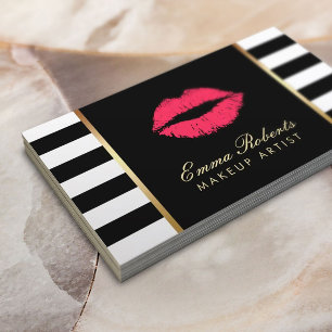 Makeup Artist Red Lips Beauty Salon Modern Stripes Visitekaartje