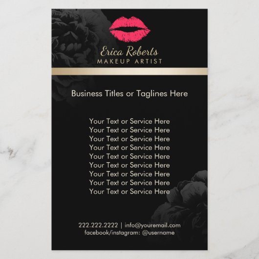 Makeup Artist Red Lips Black Floral Beauty Salon Flyer (Voorkant)