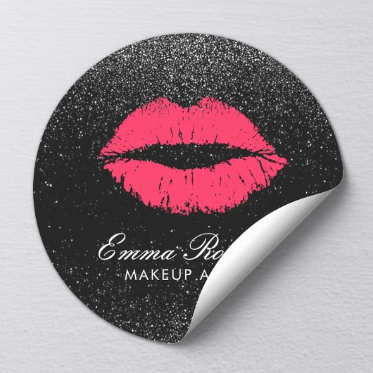 Makeup Artist Red Lips Black Glitter Modern Salon Ronde Sticker