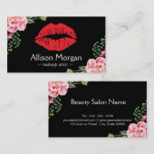 Makeup Artist Red Lips Elegant Floral Decor Visitekaartje (Voorkant / Achterkant)