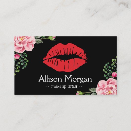 Makeup Artist Red Lips Elegant Floral Decor Visitekaartje (Voorkant)