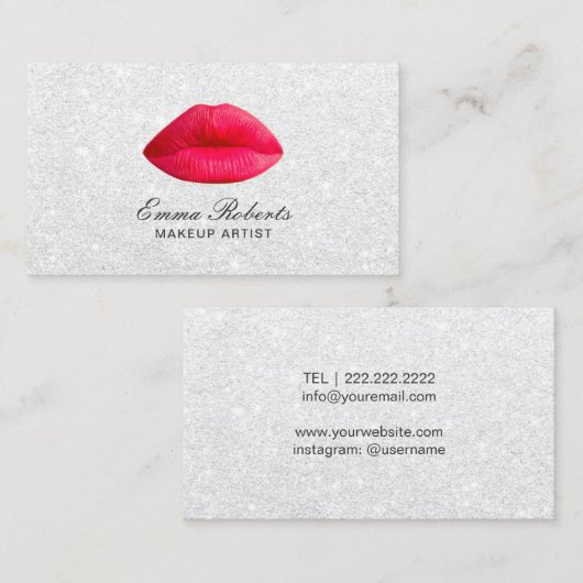 Makeup Artist Red Lips Elegant White Glitter Visitekaartje (Voorkant / Achterkant)