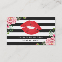 Makeup Artist Red Lips Floral Black White Stripes Visitekaartje