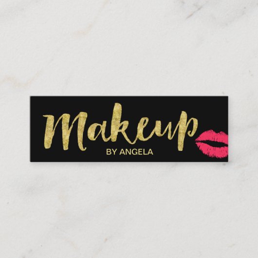 Makeup Artist Red Lips Gold Script Mini Visitekaartje (Voorkant)