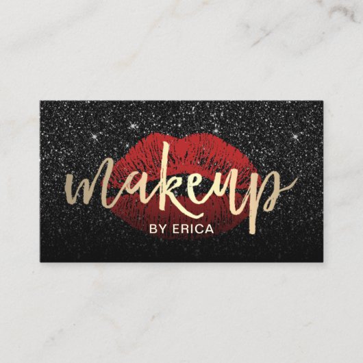 Makeup Artist Red Lips Gold Typogray Donker Glitte Visitekaartje (Voorkant)