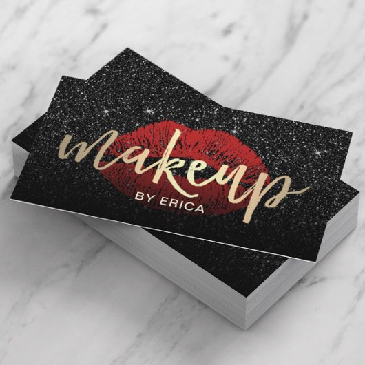 Makeup Artist Red Lips Gold Typogray Donker Glitte Visitekaartje